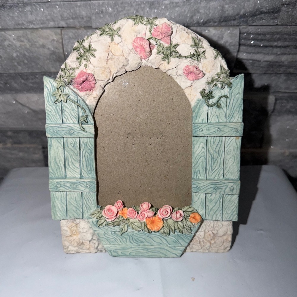 Vintage Cottage Window Resin Picture Frame Teal Shutters Floral Stone Arch 5x7